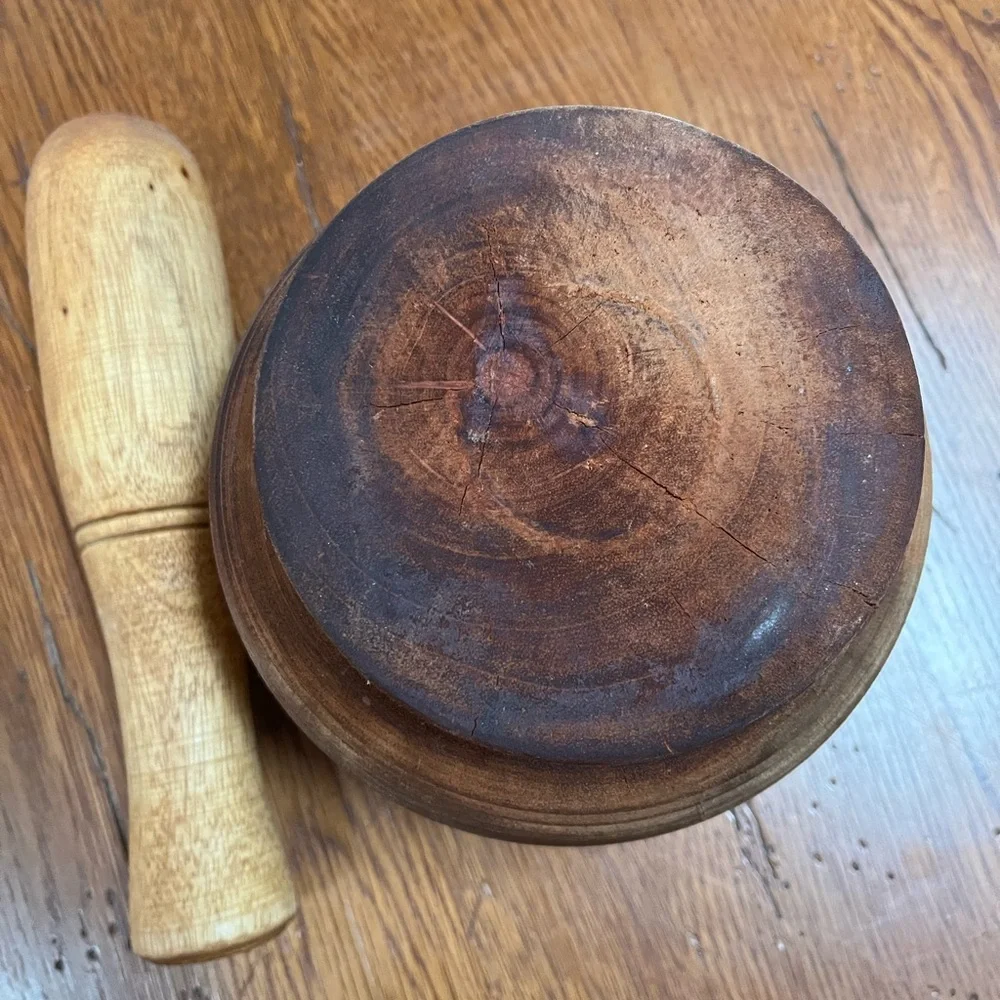 Vintage Solid Wood Mortar and Pestle Set Rustic Cabin Kitchen Decor 6”